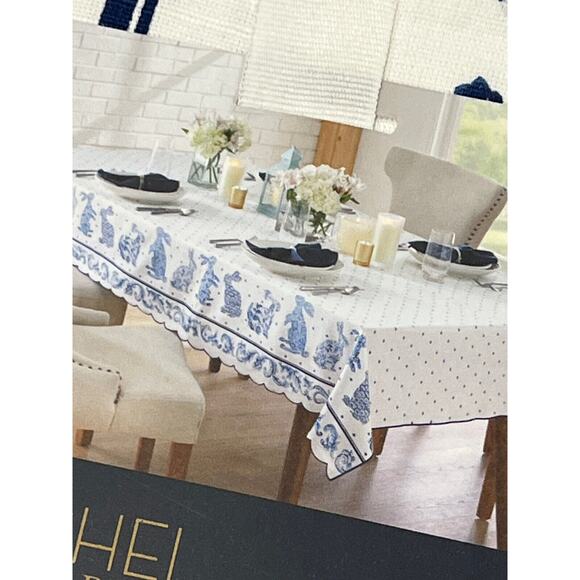 RACHEL ROY Chinoiserie Blue EASTER Bunny 70" Round 100% Cotton Tablecloth NEW - Picture 2 of 6